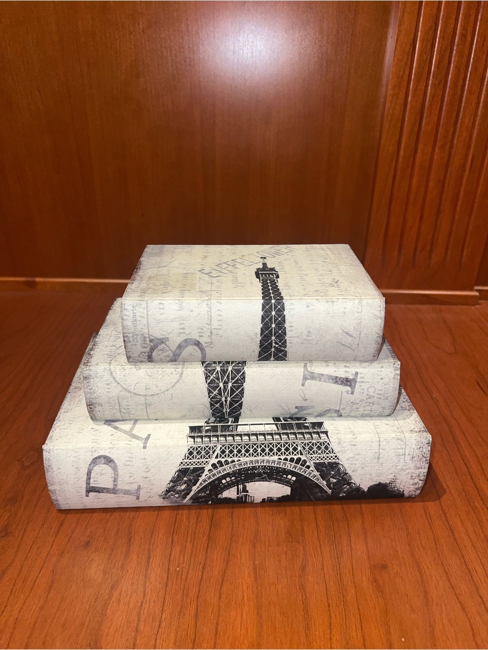 Stacked Decorative Paris Book Boxes with Eiffel Tower Print - Black & Grey